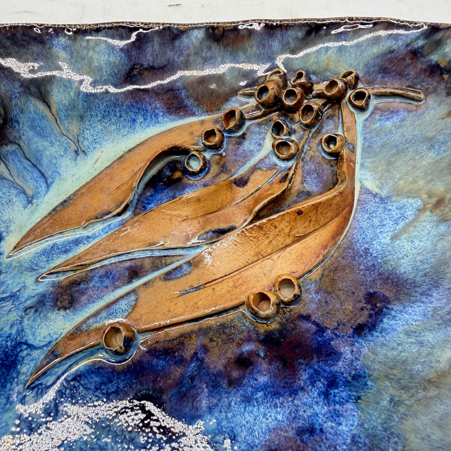 Handmade Decorative Pottery Gum Nut Plate in Blue and Brown Hues Artisan Signed