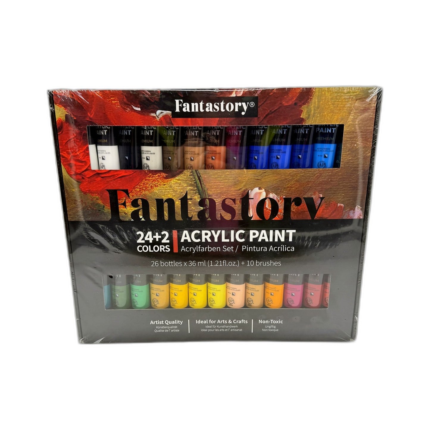 Fantastory Acrylic Paint Set 24+2 Colors 26 Bottles 10 Brushes Artist NEW