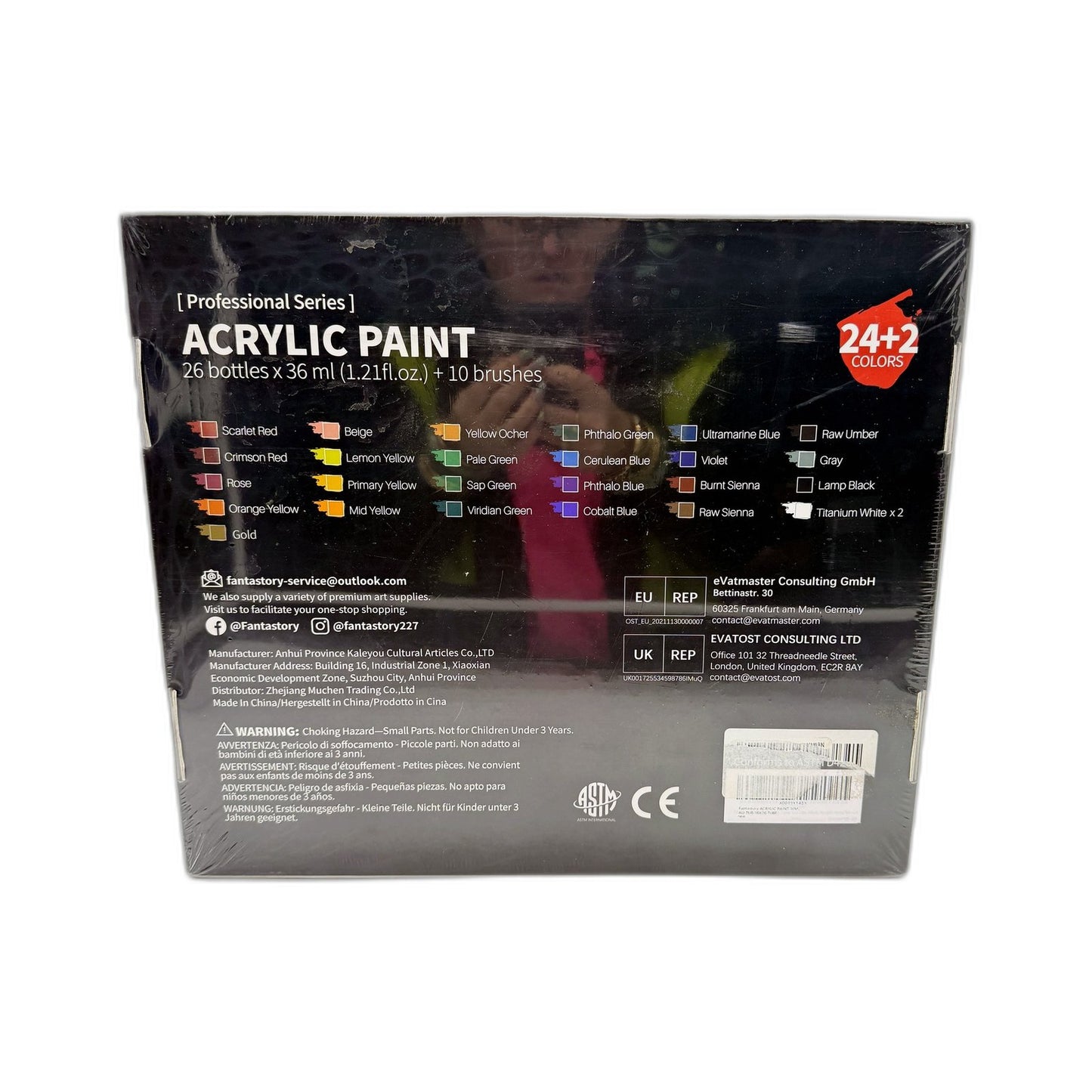 Fantastory Acrylic Paint Set 24+2 Colors 26 Bottles 10 Brushes Artist NEW