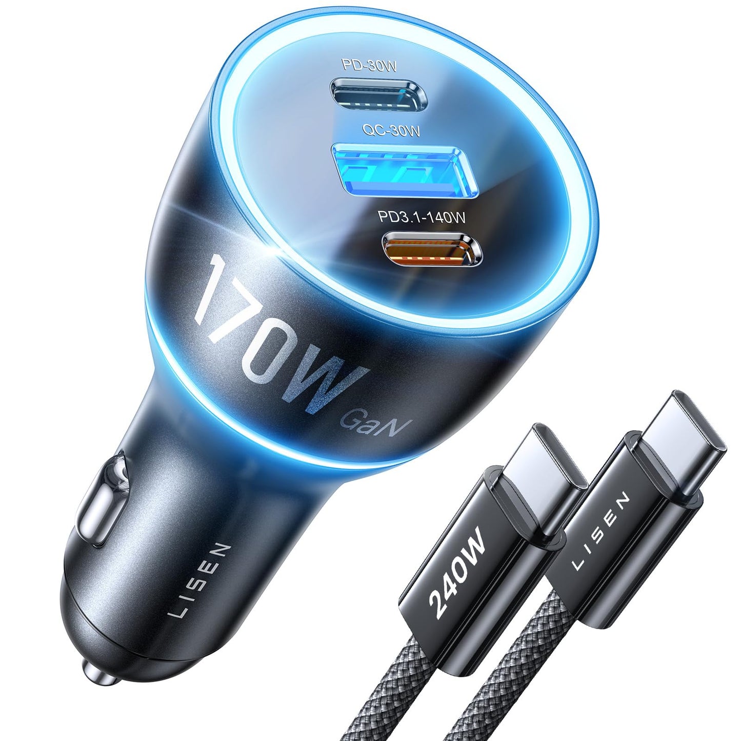 LISEN 170W Automobile Chargers Laptop USB-C Car Charger Fast Charging 3 NEW
