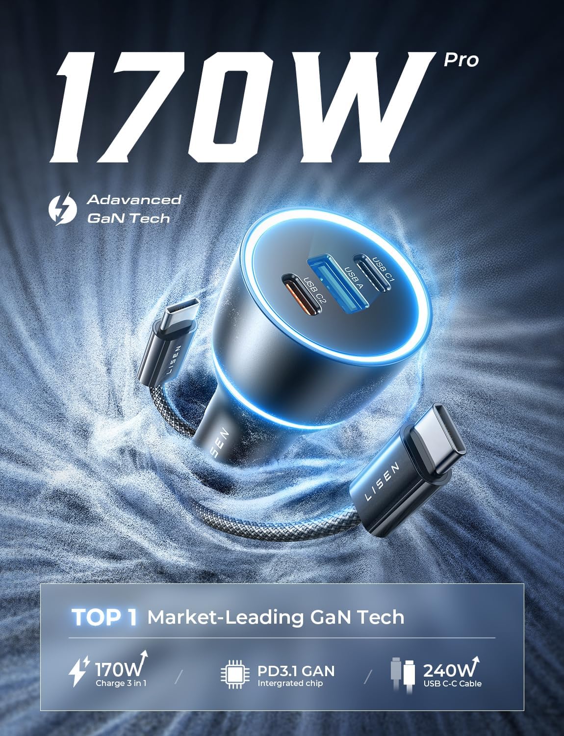 LISEN 170W Automobile Chargers Laptop USB-C Car Charger Fast Charging 3 NEW