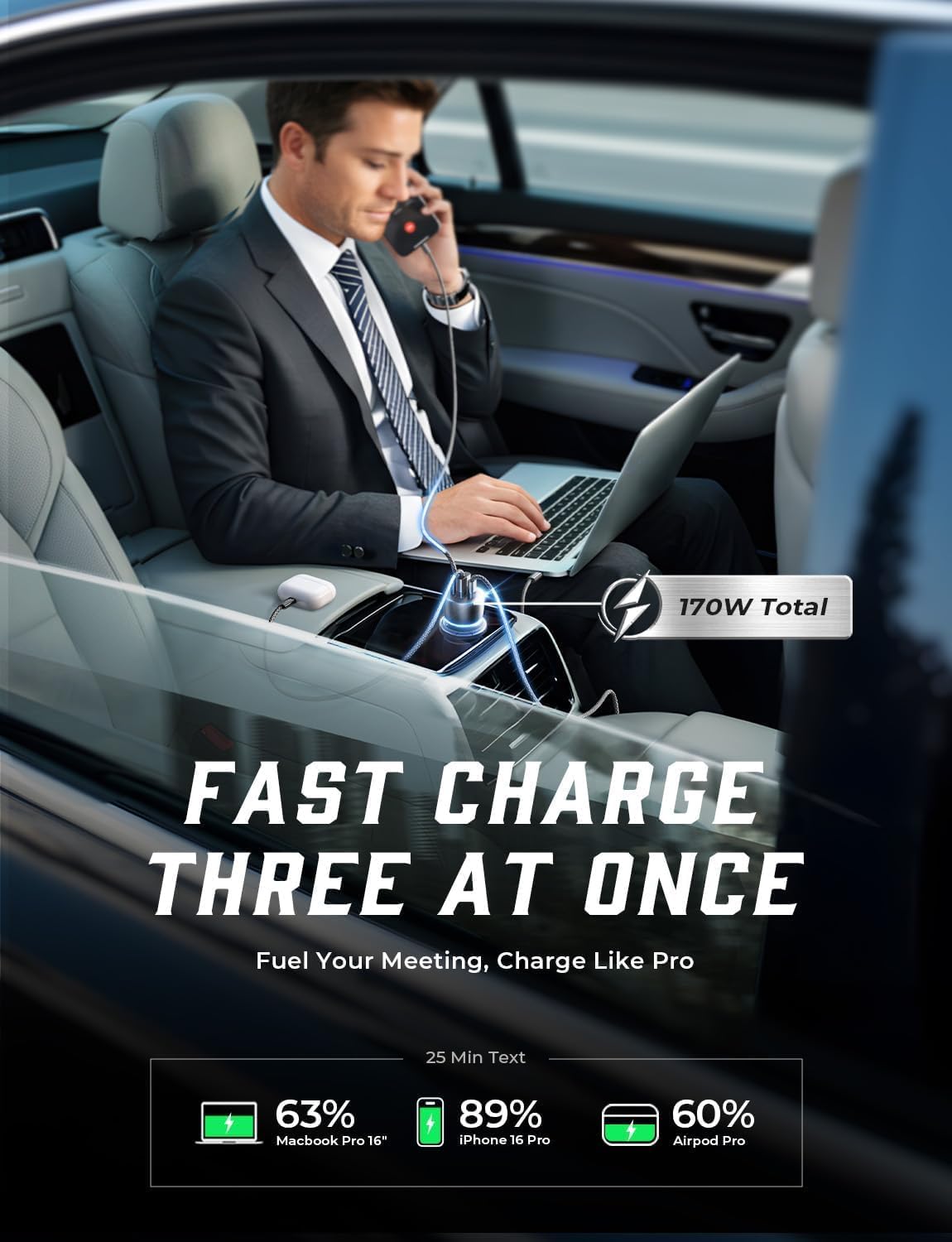 LISEN 170W Automobile Chargers Laptop USB-C Car Charger Fast Charging 3 NEW