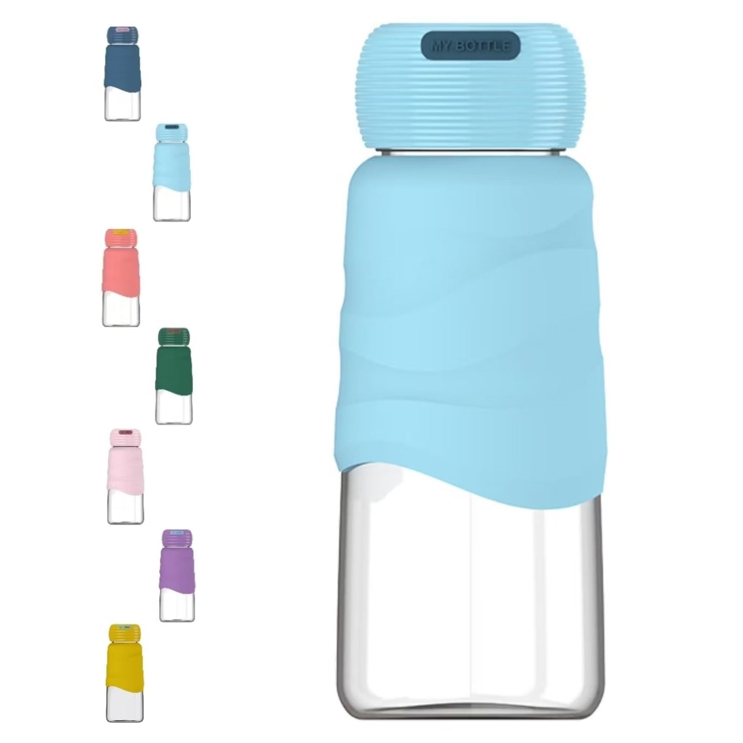 HENGFEI Borosilicate Glass Water Bottle 300ml with Silicone Sleeve Blue NEW