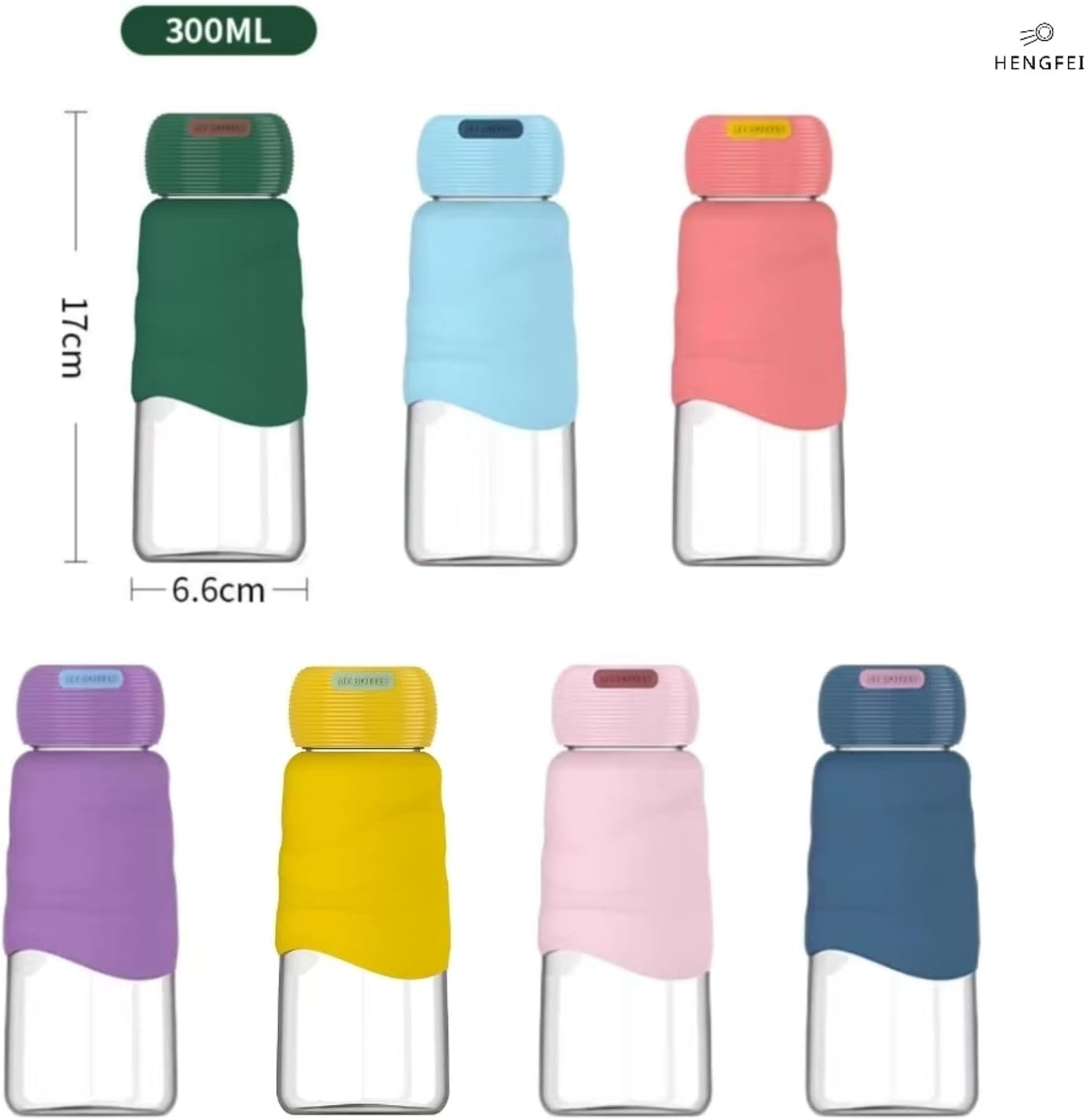 HENGFEI Borosilicate Glass Water Bottle 300ml with Silicone Sleeve Blue NEW