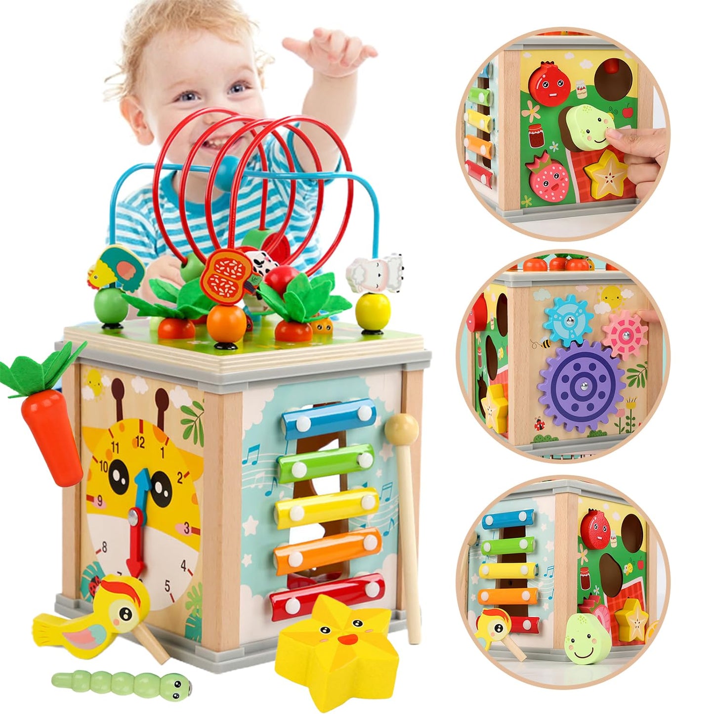 Uandhome 10-in-1 Wooden Activity Cube Montessori Toys Multi Color  NEW