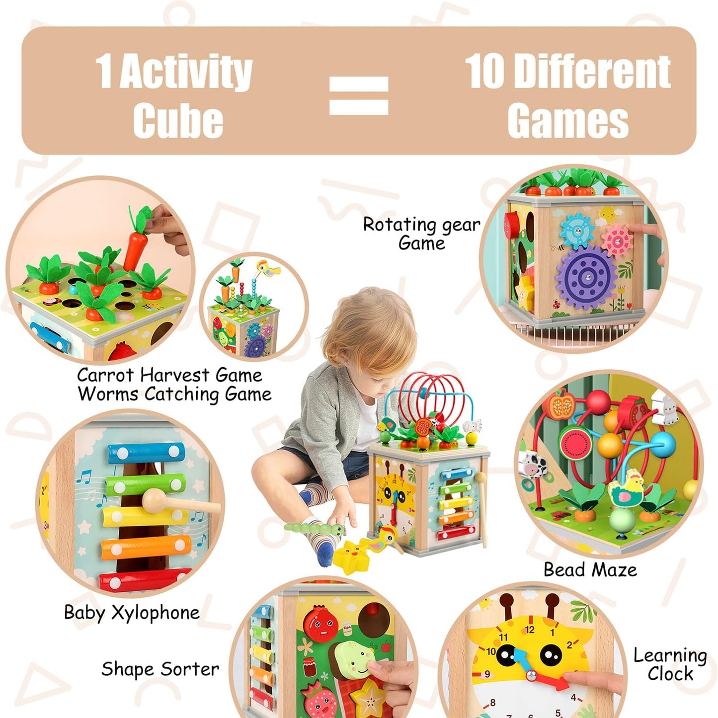Uandhome 10-in-1 Wooden Activity Cube Montessori Toys Multi Color  NEW