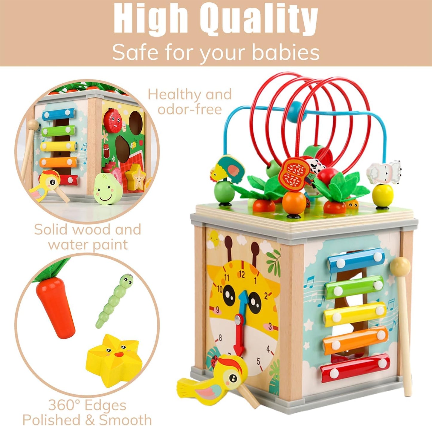 Uandhome 10-in-1 Wooden Activity Cube Montessori Toys Multi Color  NEW