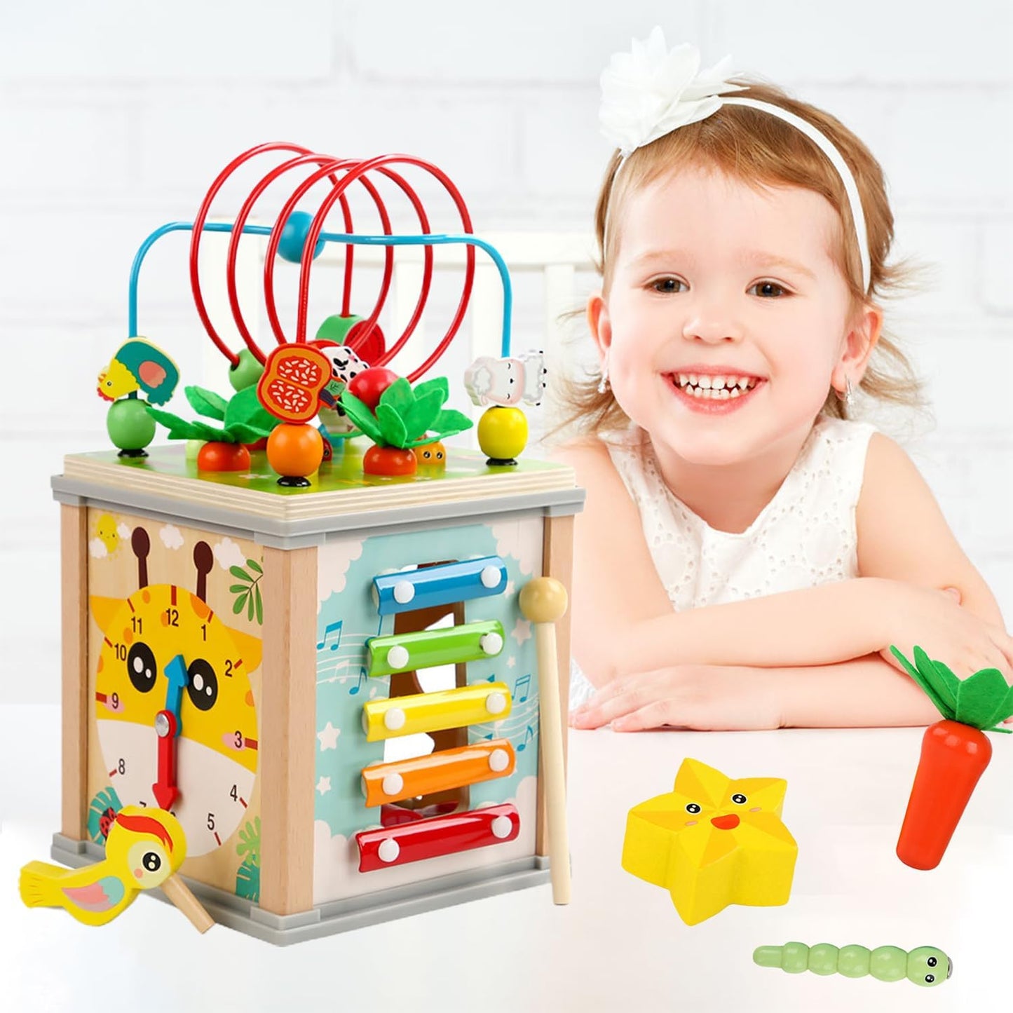 Uandhome 10-in-1 Wooden Activity Cube Montessori Toys Multi Color  NEW