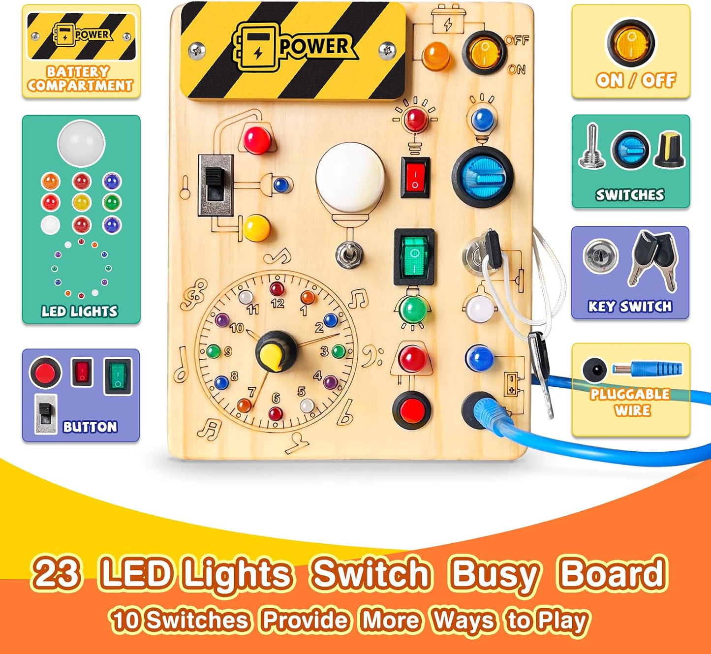 Grarain Busy Board with 23 LED Lights Montessori Toys for 1+ Year Old Size NEW