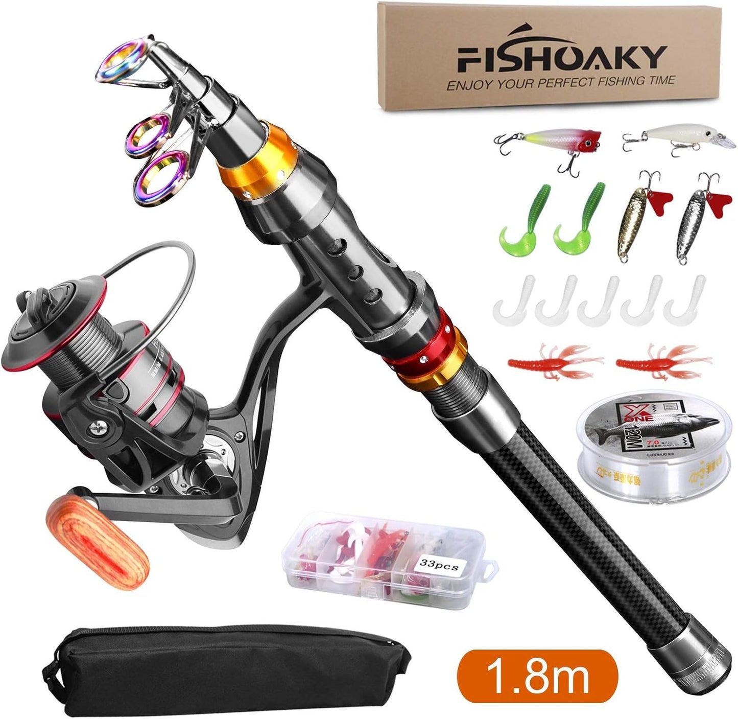 FISHOAKY Telescopic Fishing Rod Set 5.9ft Carbon Fibre Pole Reel Combo DEMO