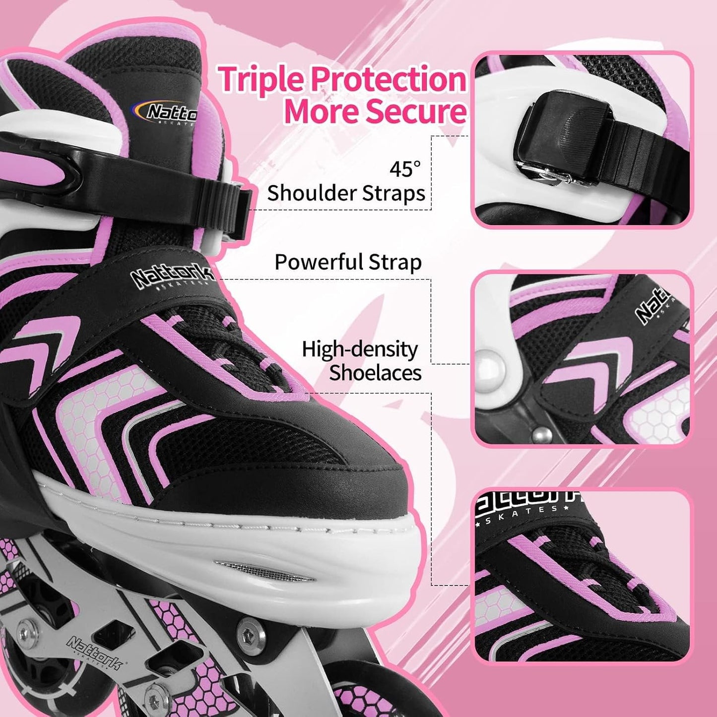 Nattork Children's Inline Skates with Light-Up Wheels Adjustable Pink Size M NEW
