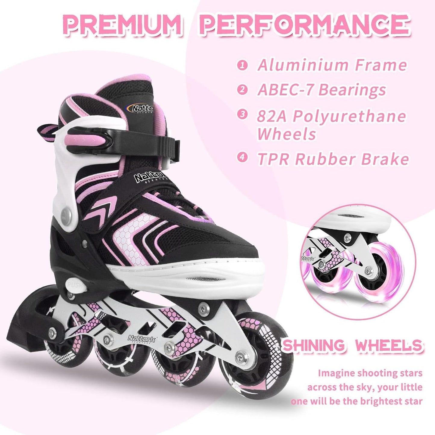 Nattork Children's Inline Skates with Light-Up Wheels Adjustable Pink Size M NEW