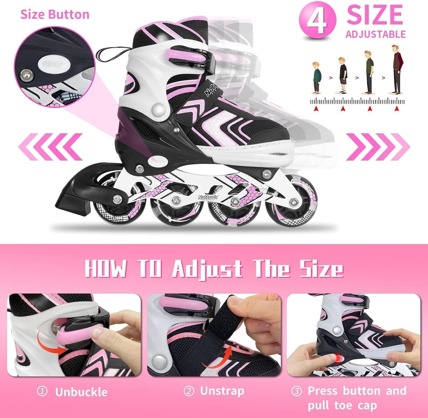 Nattork Children's Inline Skates with Light-Up Wheels Adjustable Pink Size M NEW