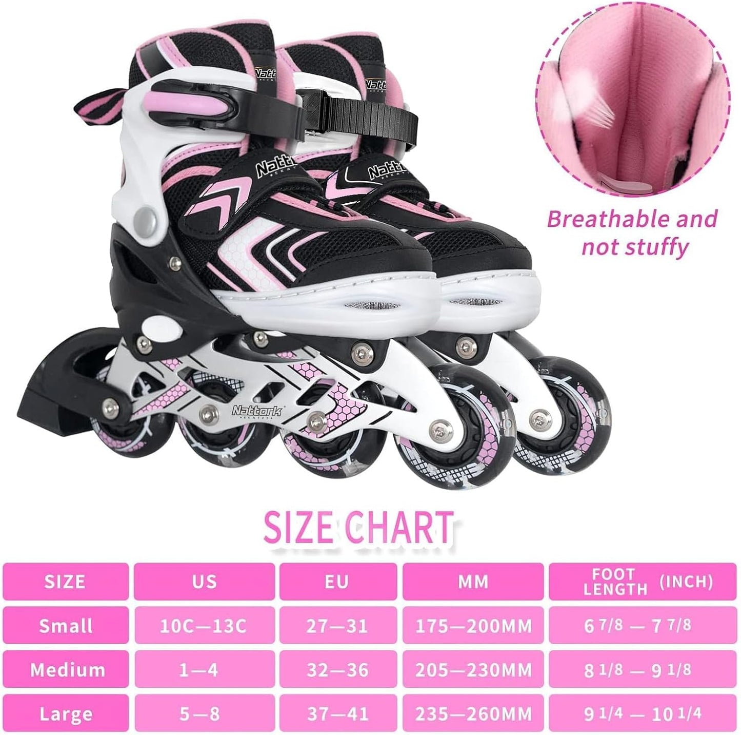 Nattork Children's Inline Skates with Light-Up Wheels Adjustable Pink Size M NEW