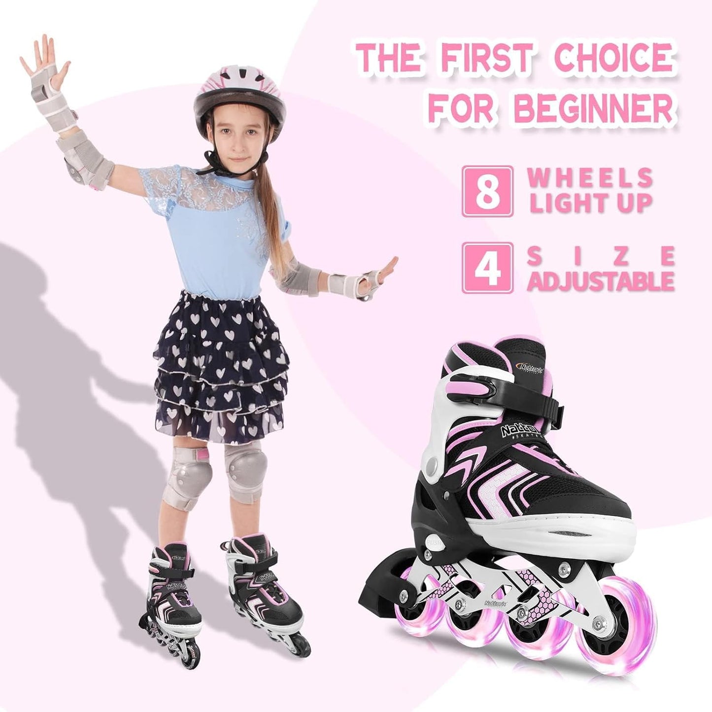 Nattork Children's Inline Skates with Light-Up Wheels Adjustable Pink Size M NEW