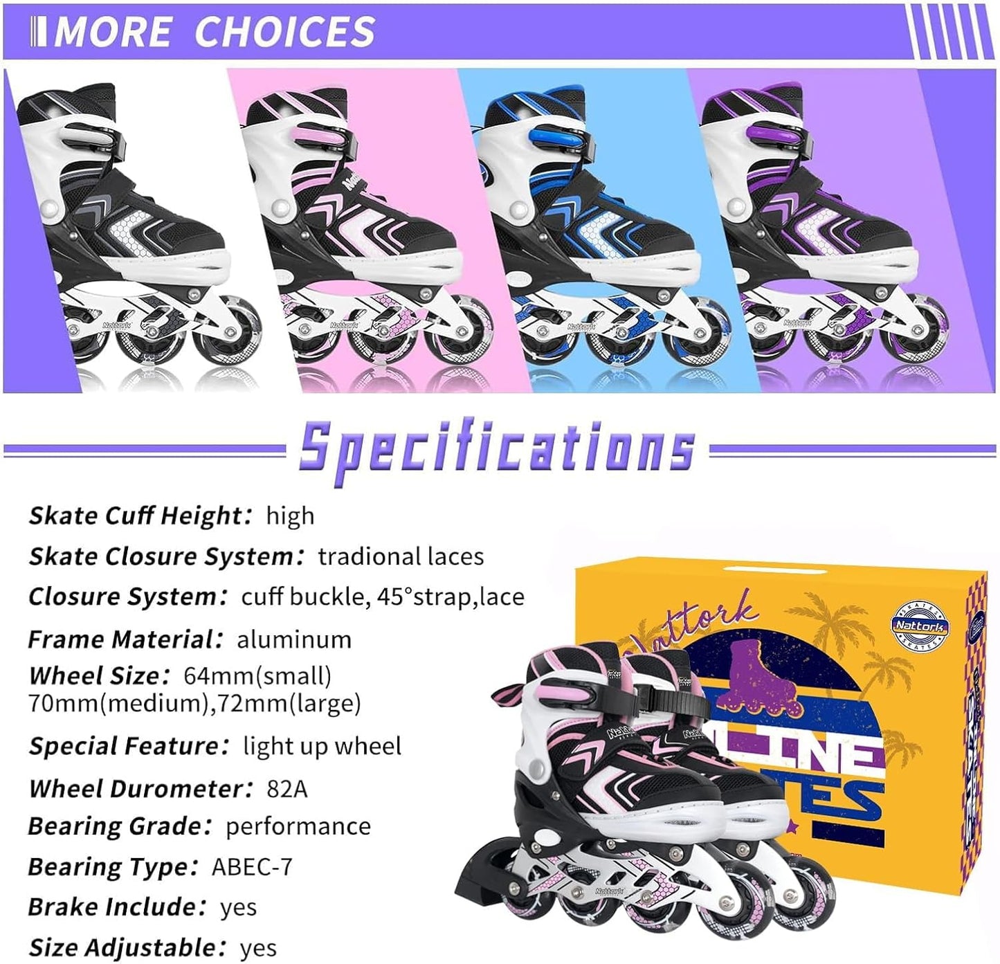 Nattork Children's Inline Skates with Light-Up Wheels Adjustable Pink Size M NEW
