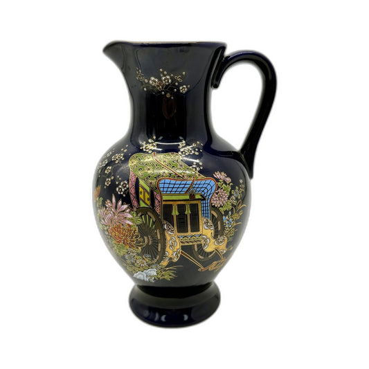 Cobalt Blue Decorative MADE IN JAPAN Ceramic Jug Vase with Vintage Floral Design