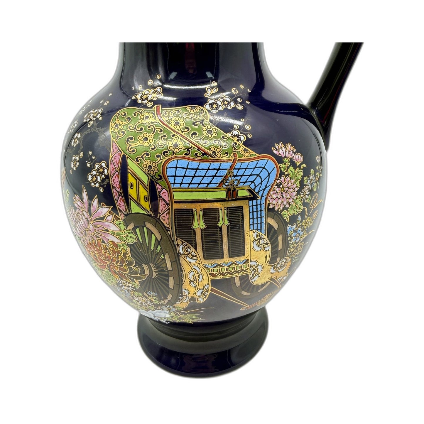 Cobalt Blue Decorative MADE IN JAPAN Ceramic Jug Vase with Vintage Floral Design