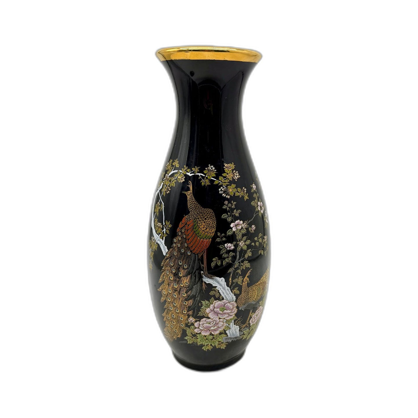 Cobalt Blue MADE IN JAPAN Ceramic Tall Vase with Floral Japanese Peacock Design