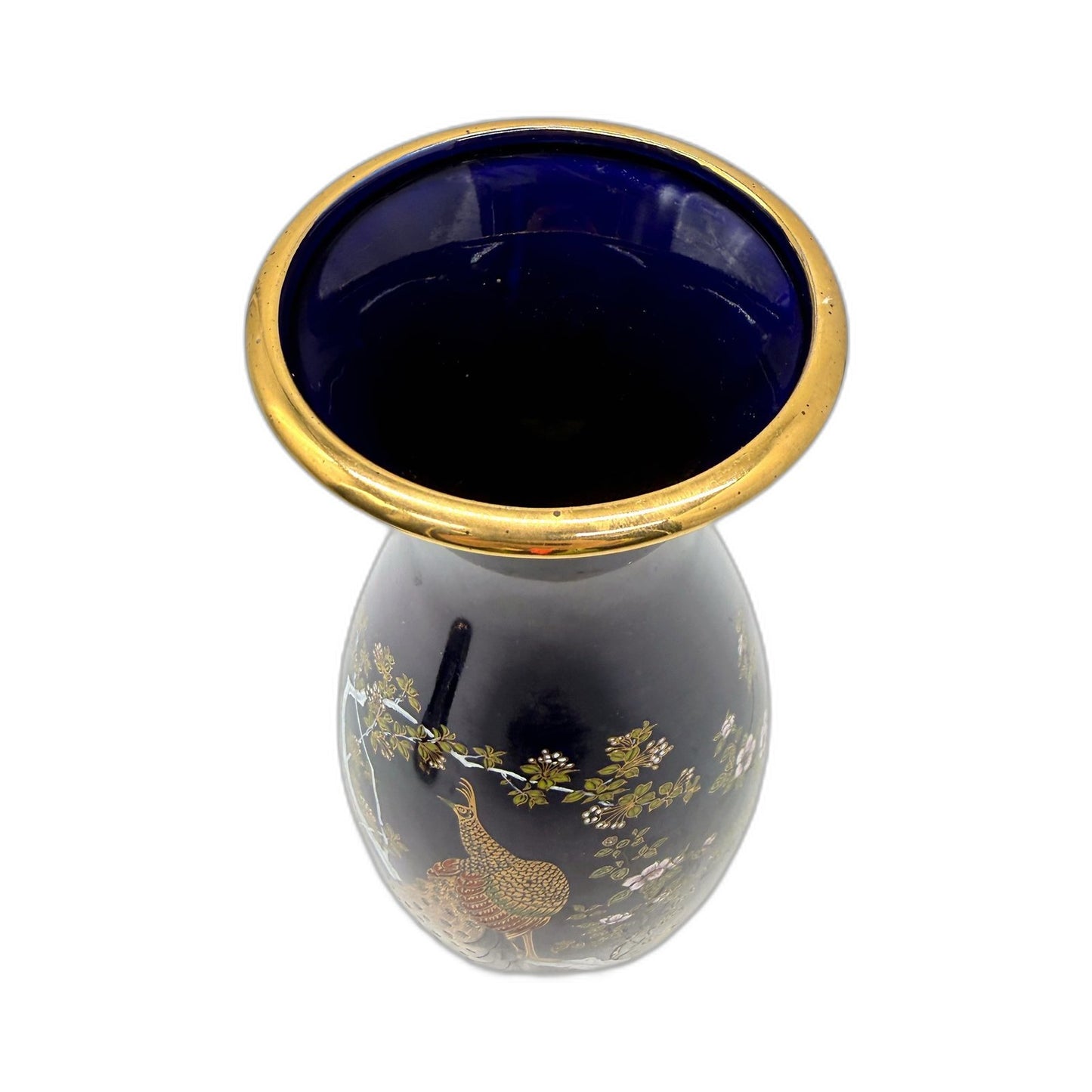 Cobalt Blue MADE IN JAPAN Ceramic Tall Vase with Floral Japanese Peacock Design