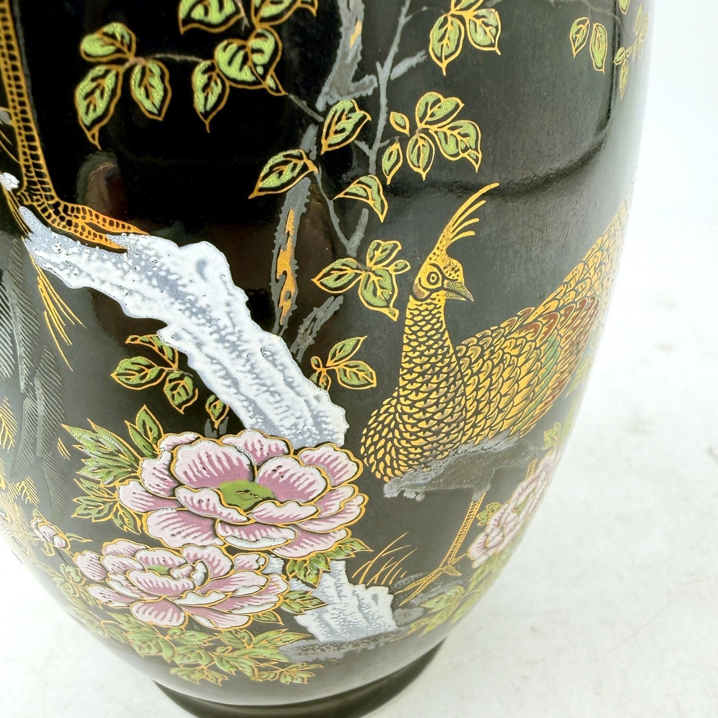 Cobalt Blue MADE IN JAPAN Ceramic Tall Vase with Floral Japanese Peacock Design