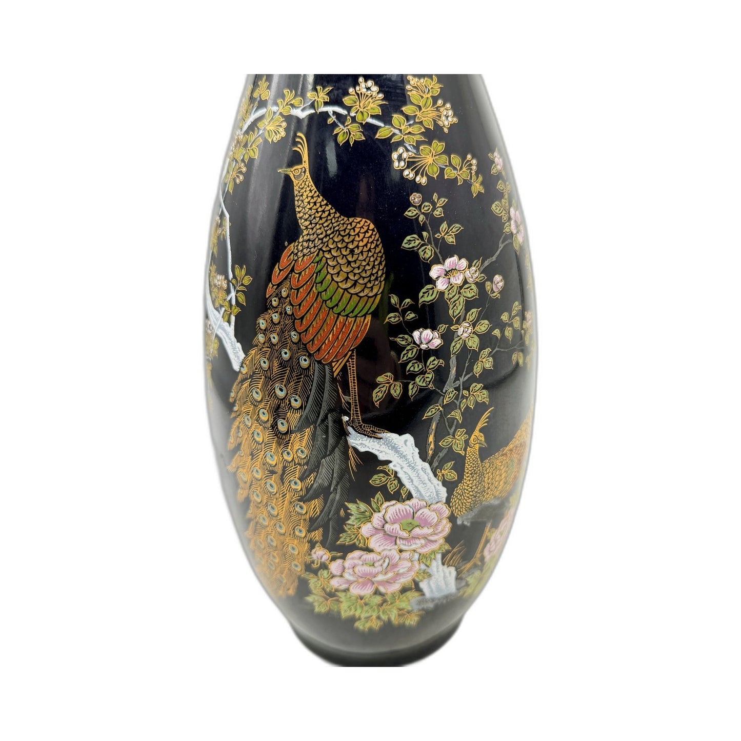 Cobalt Blue MADE IN JAPAN Ceramic Tall Vase with Floral Japanese Peacock Design