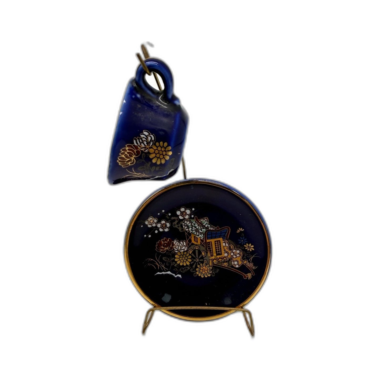 JAPAN Mini Ceramic Teacup and Saucer Set Vintage Floral Landscape Cobalt Blue