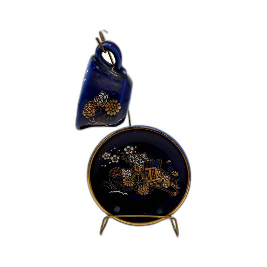 JAPAN Mini Ceramic Teacup and Saucer Set Vintage Floral Landscape Cobalt Blue