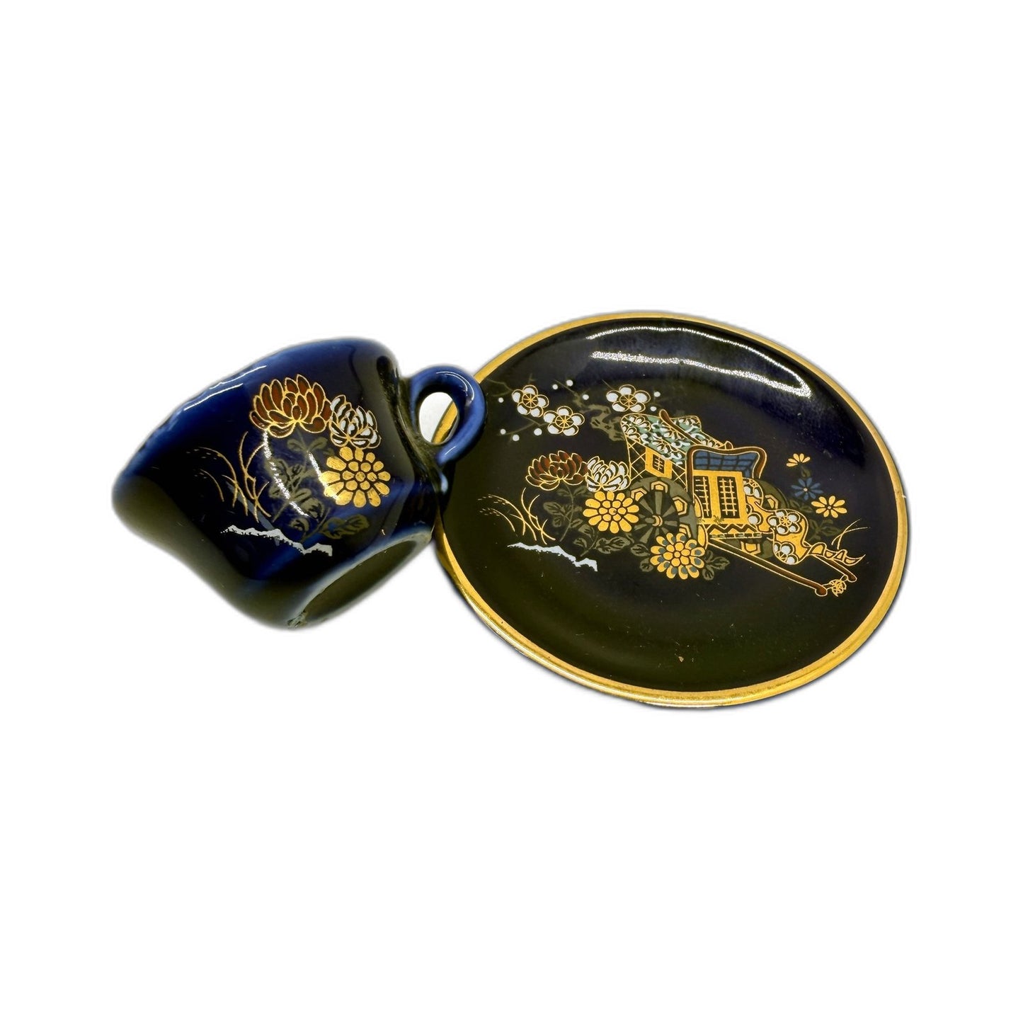 JAPAN Mini Ceramic Teacup and Saucer Set Vintage Floral Landscape Cobalt Blue