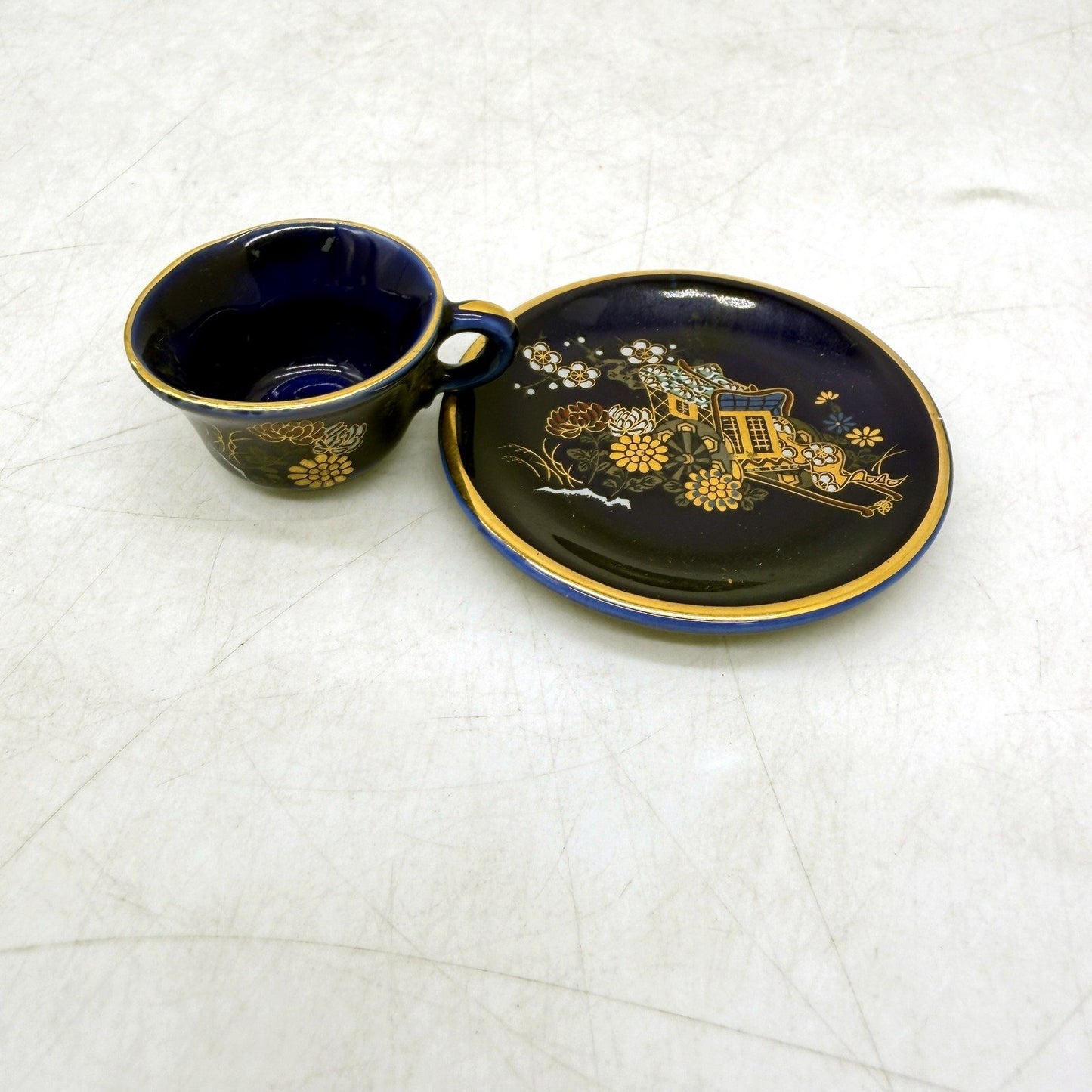 JAPAN Mini Ceramic Teacup and Saucer Set Vintage Floral Landscape Cobalt Blue
