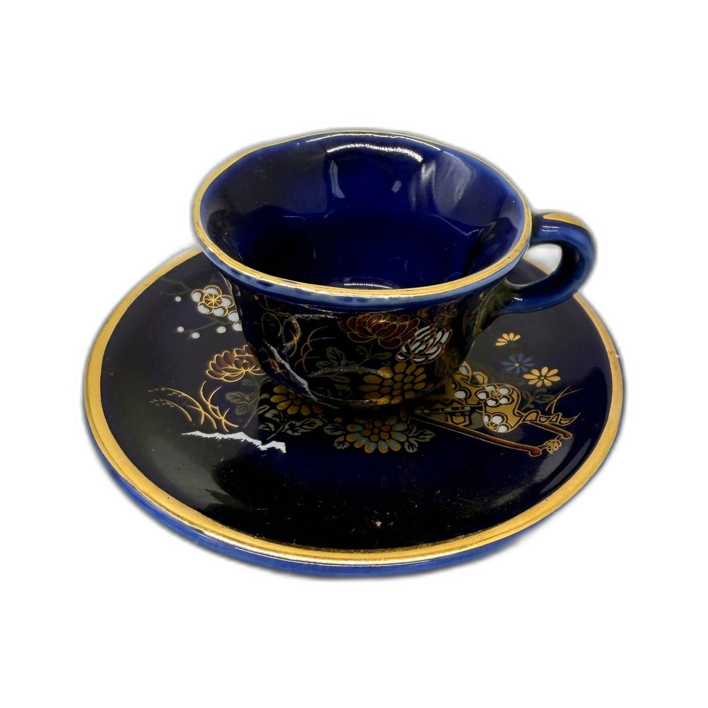 JAPAN Mini Ceramic Teacup and Saucer Set Vintage Floral Landscape Cobalt Blue