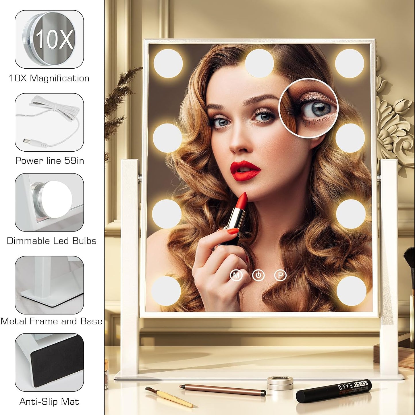 ZL Zeling Vanity Makeup Mirror with 9 Dimmable LED Bulbs 3 Color Adjustable NEW