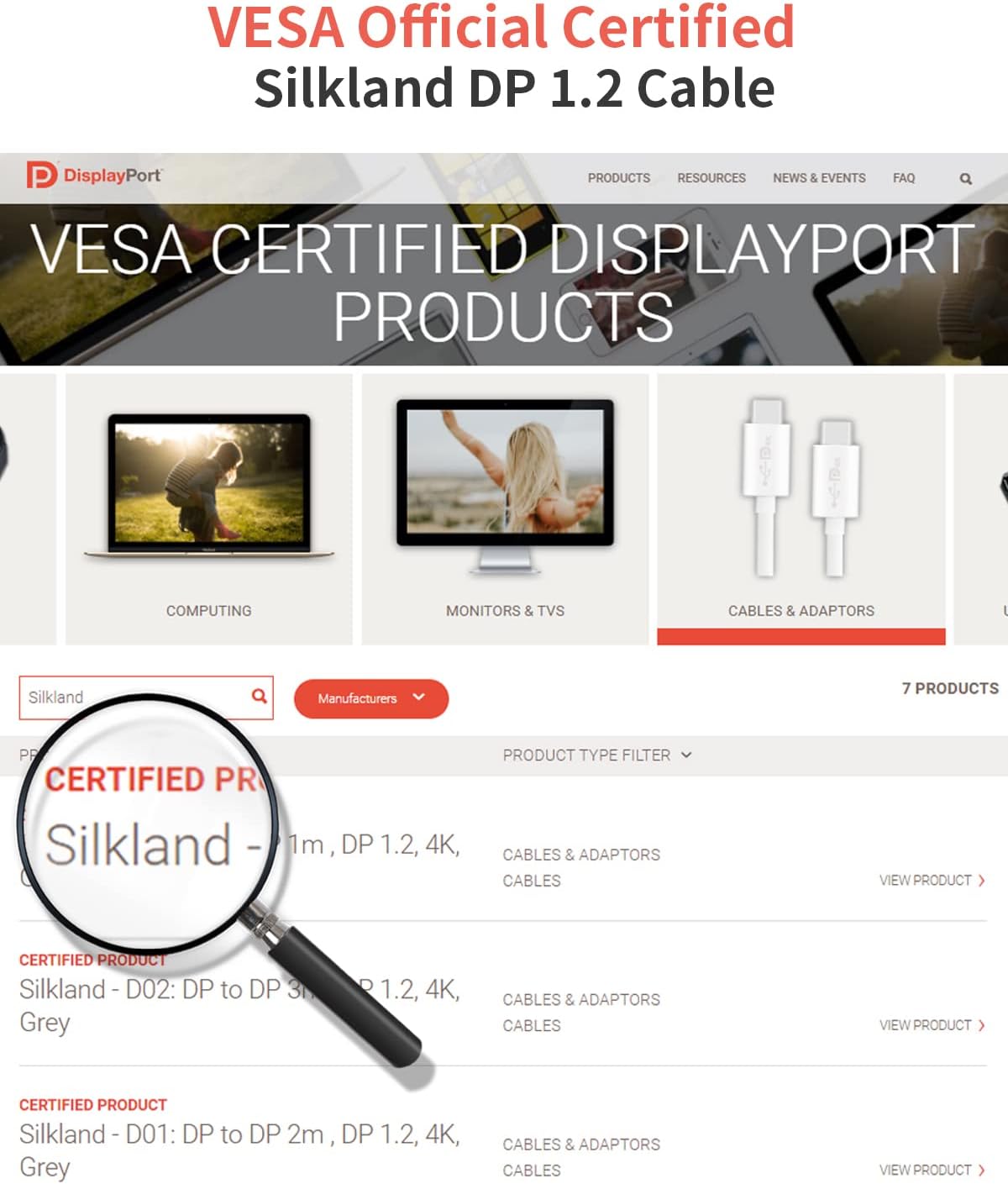 Silkland DisplayPort Cables Cable 4K@60Hz 2K@165Hz 144Hz VESA Certified 2M NEW