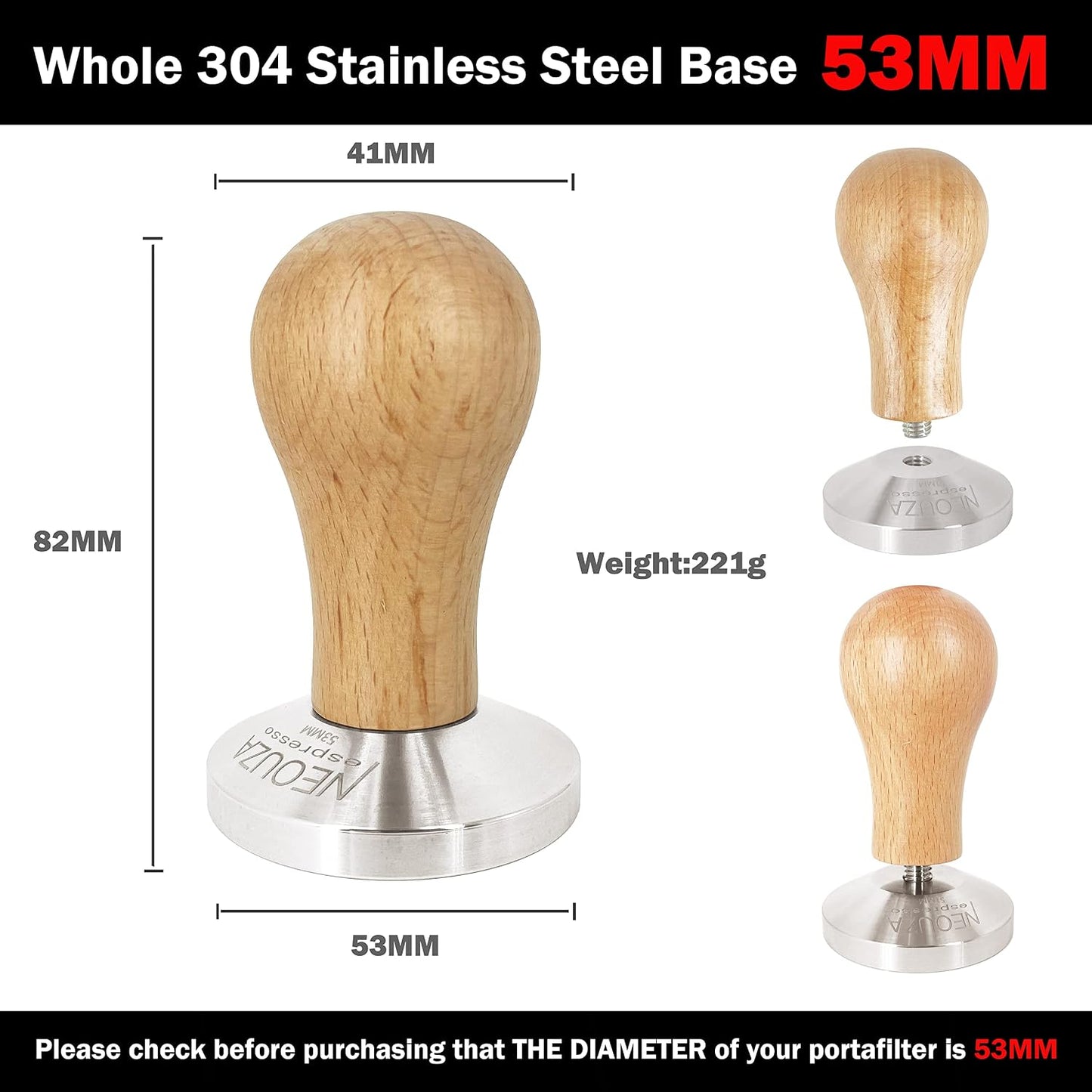 NEOUZA 53mm Timber Handle Coffee Tamper for Breville 54mm Portafilter Basket NEW