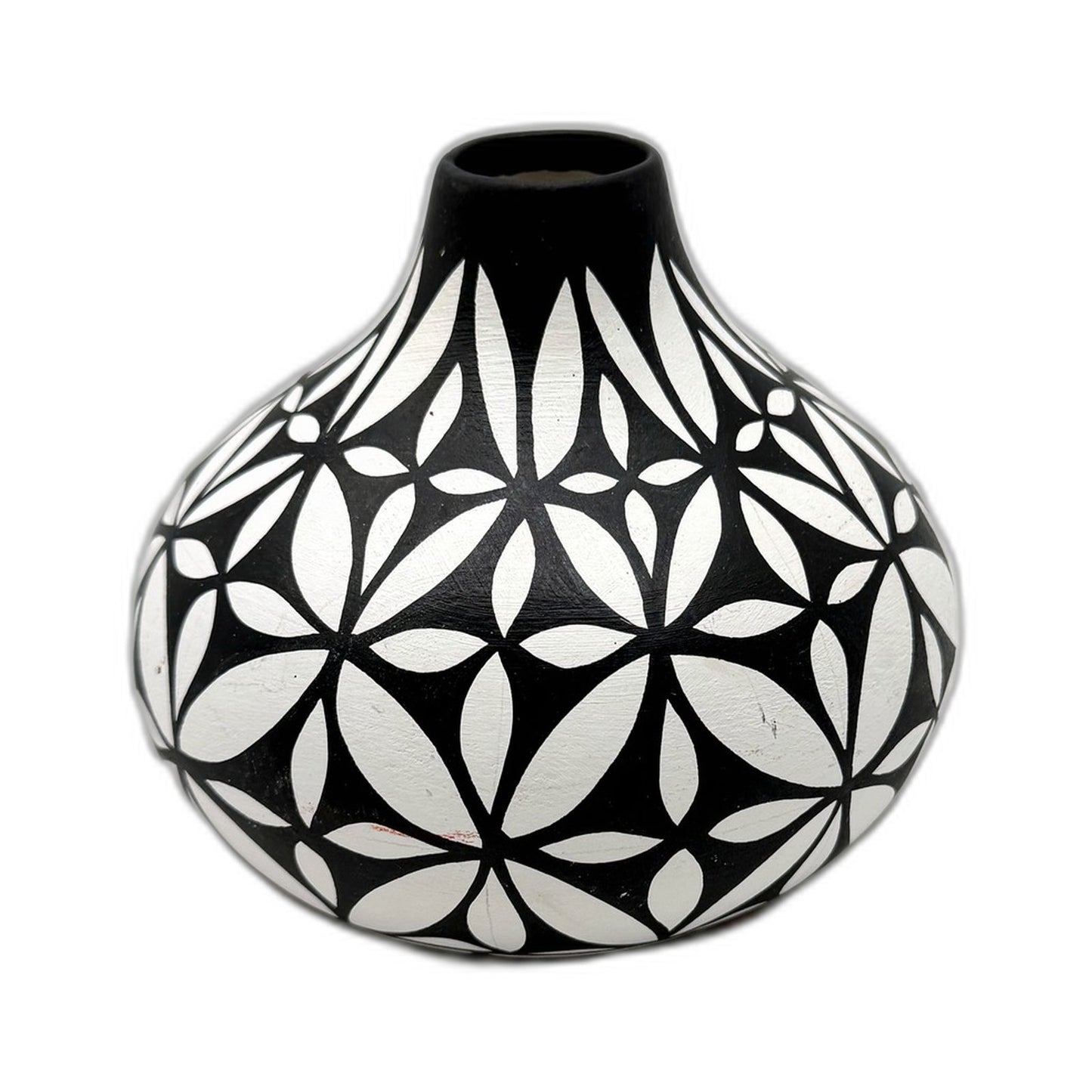 Taos Pueblo Decorative Ceramic Vase Handmade Floral Geometric Black White