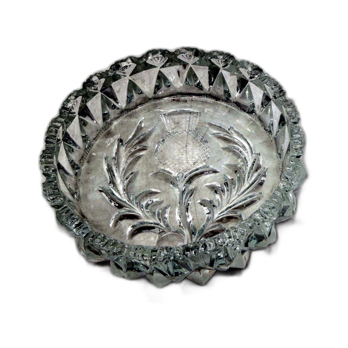 COLLECTABLE Heavy Glass Scottish Thistle Laser Cut Decorative Trinket Dish 10cm