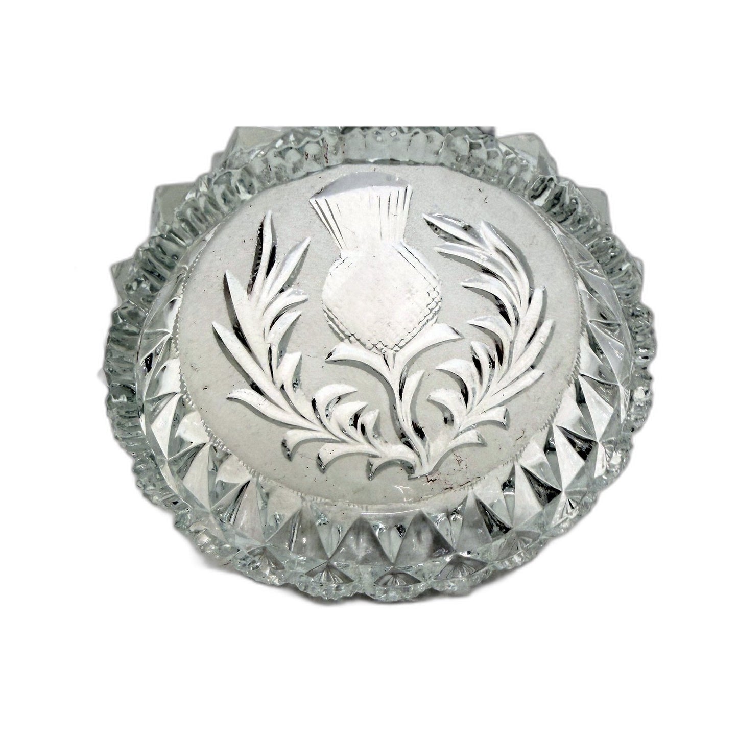COLLECTABLE Heavy Glass Scottish Thistle Laser Cut Decorative Trinket Dish 10cm