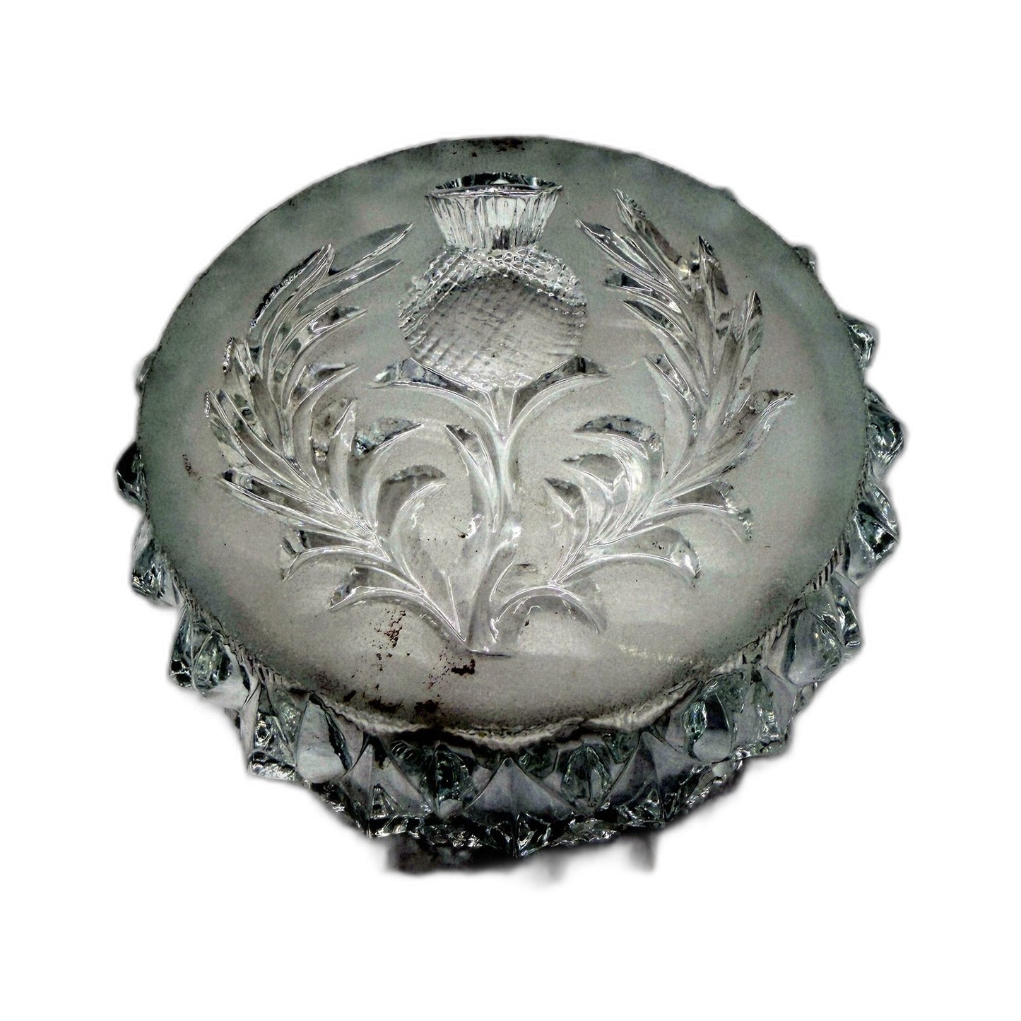 COLLECTABLE Heavy Glass Scottish Thistle Laser Cut Decorative Trinket Dish 10cm
