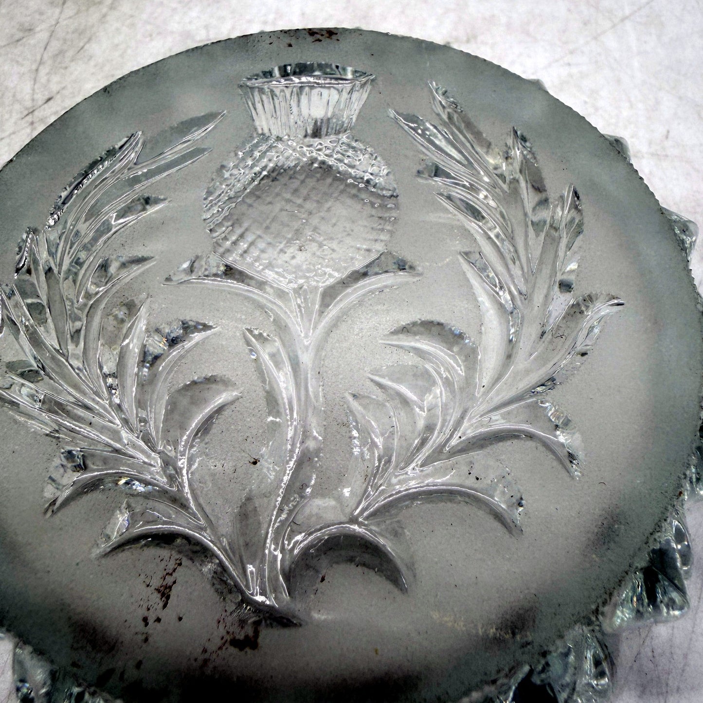 COLLECTABLE Heavy Glass Scottish Thistle Laser Cut Decorative Trinket Dish 10cm