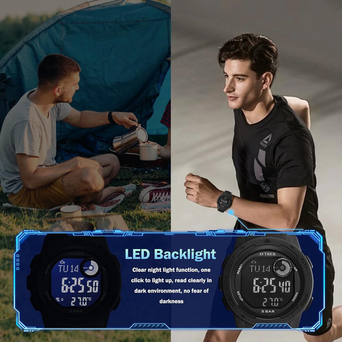 AVTREK Digital Sport Watch with Pedometer Compass Tactical Black Wrist NEW