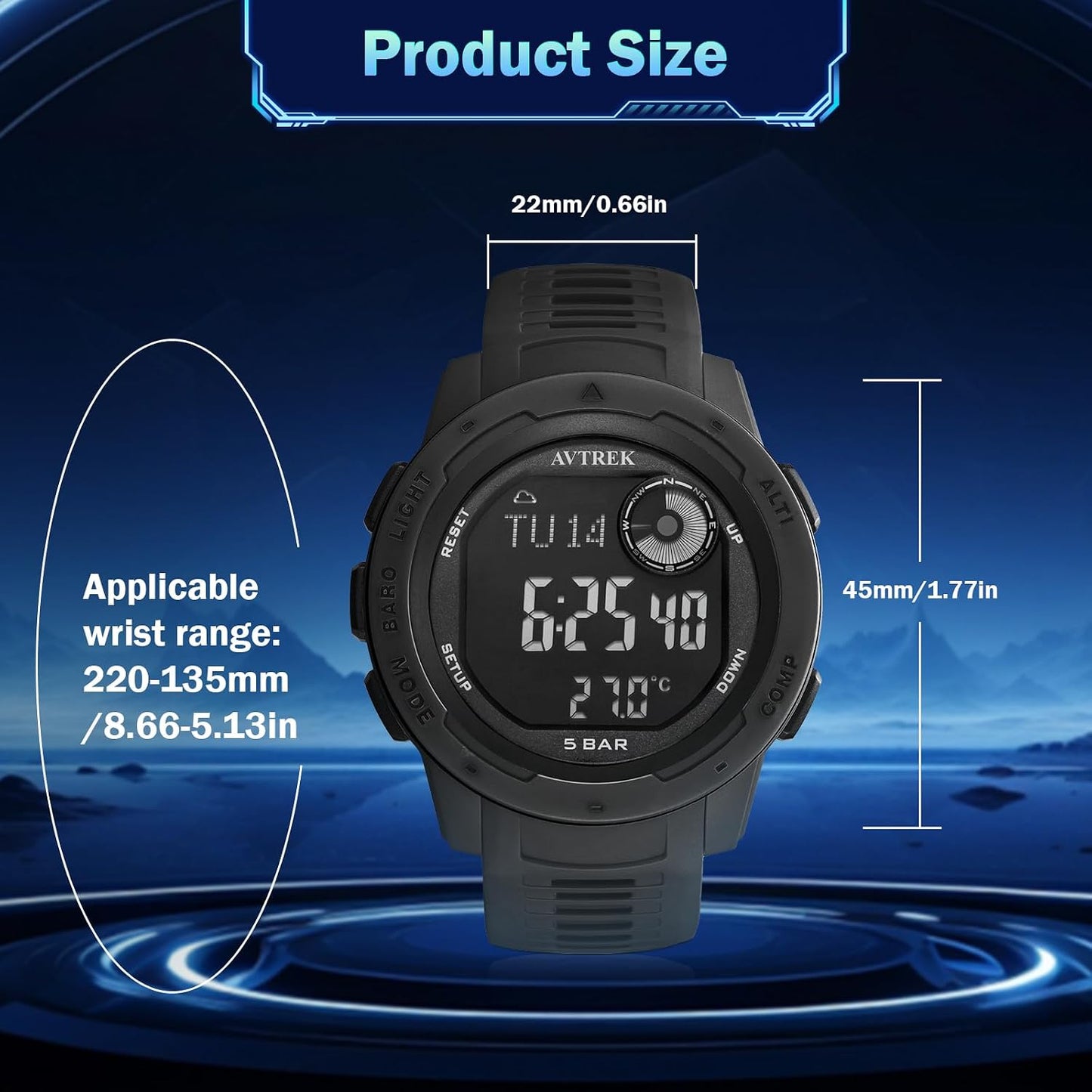 AVTREK Digital Sport Watch with Pedometer Compass Tactical Black Wrist NEW