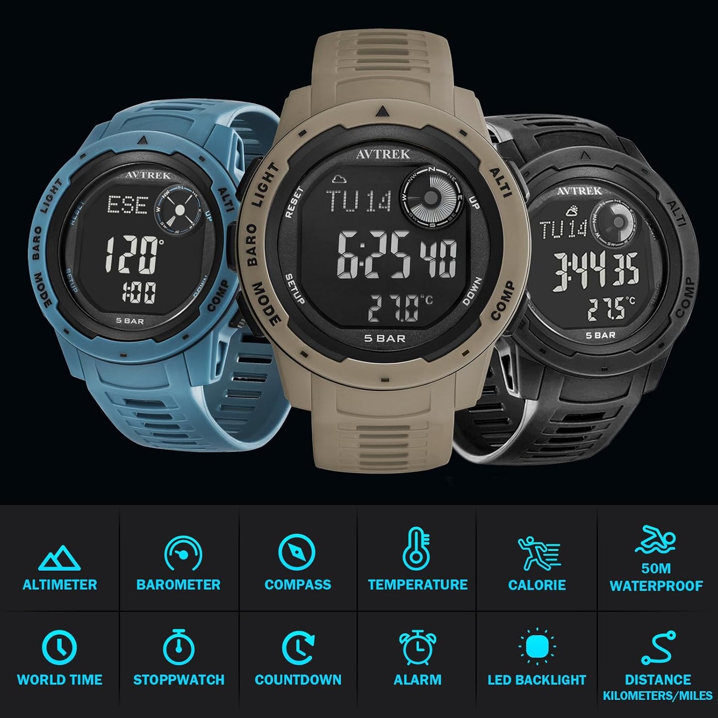 AVTREK Digital Sport Watch with Pedometer Compass Tactical Black Wrist NEW