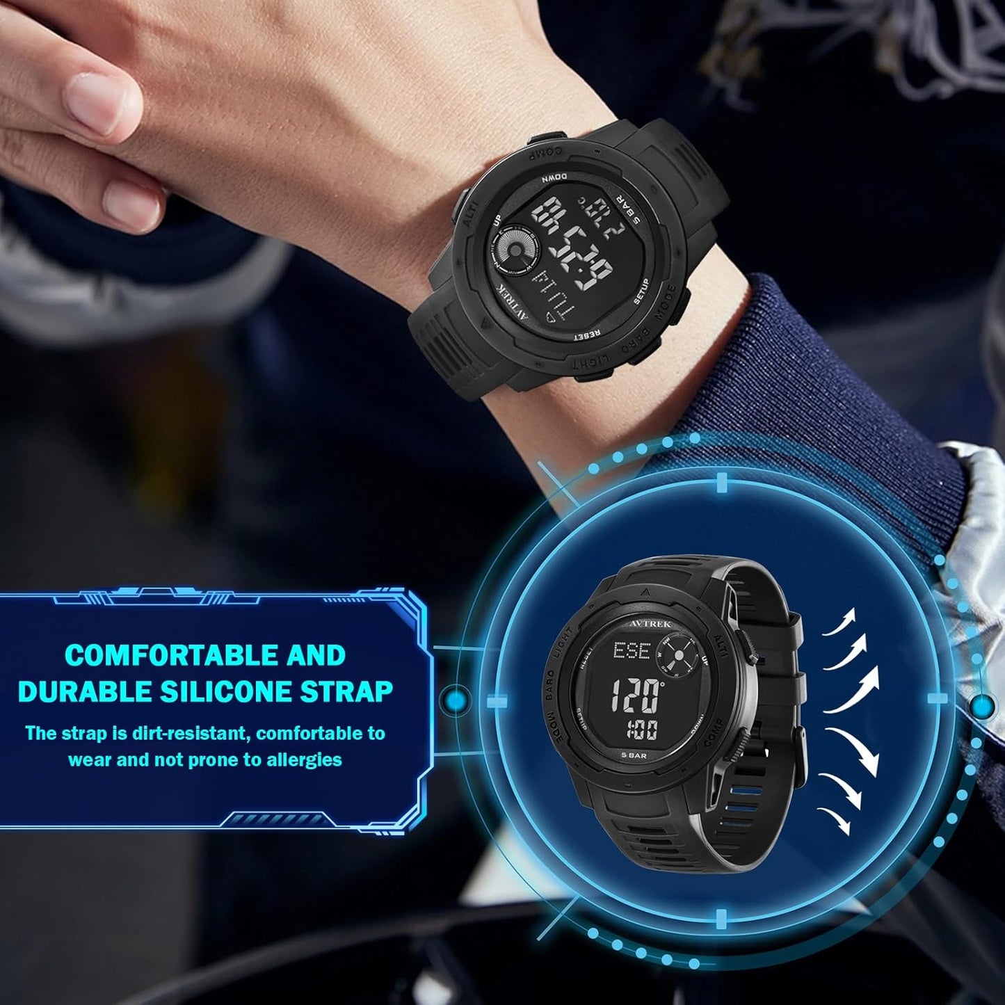 AVTREK Digital Sport Watch with Pedometer Compass Tactical Black Wrist NEW