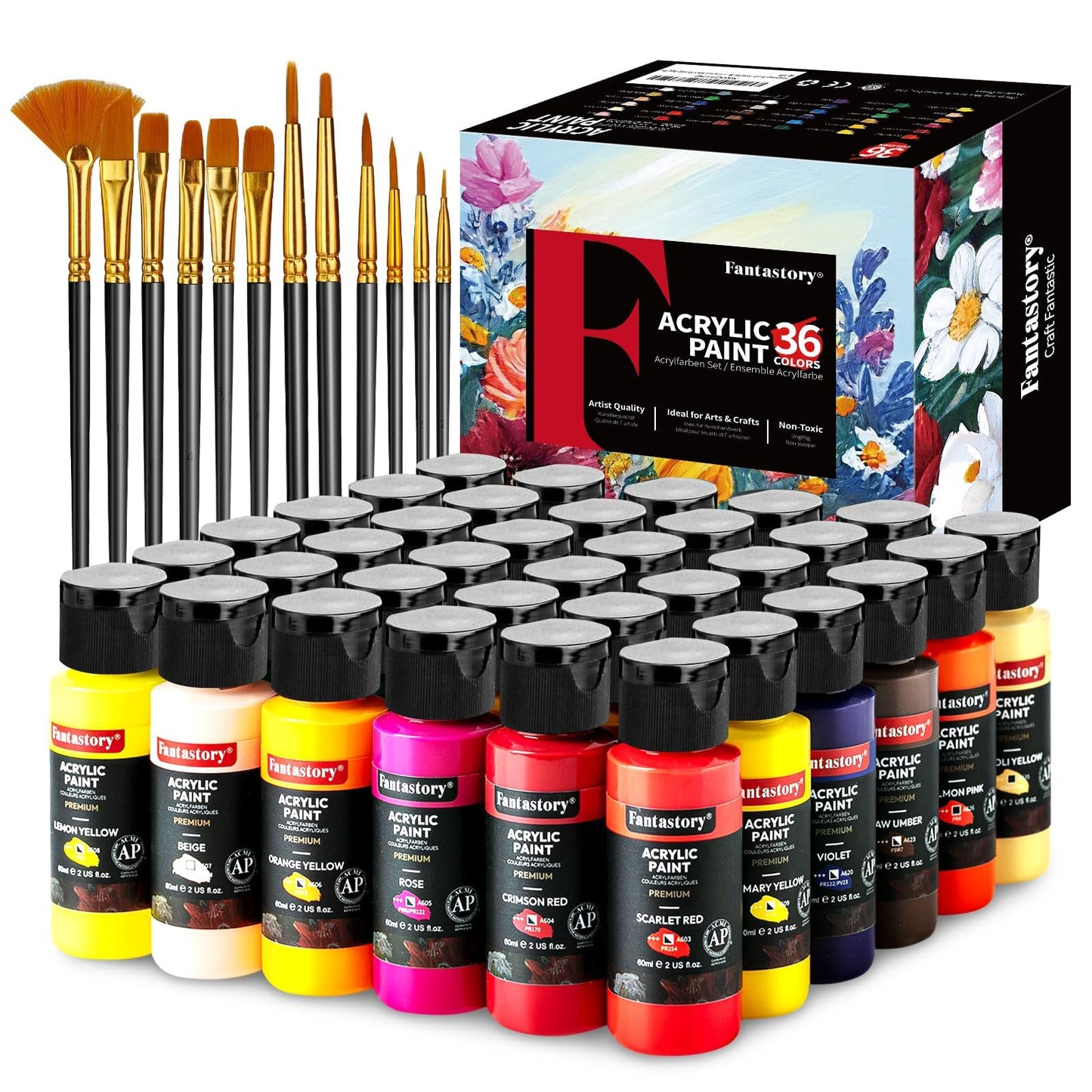 Fantastory 72 Paints ml Acrylic Paint Set with 12 Brushes Professional NEW