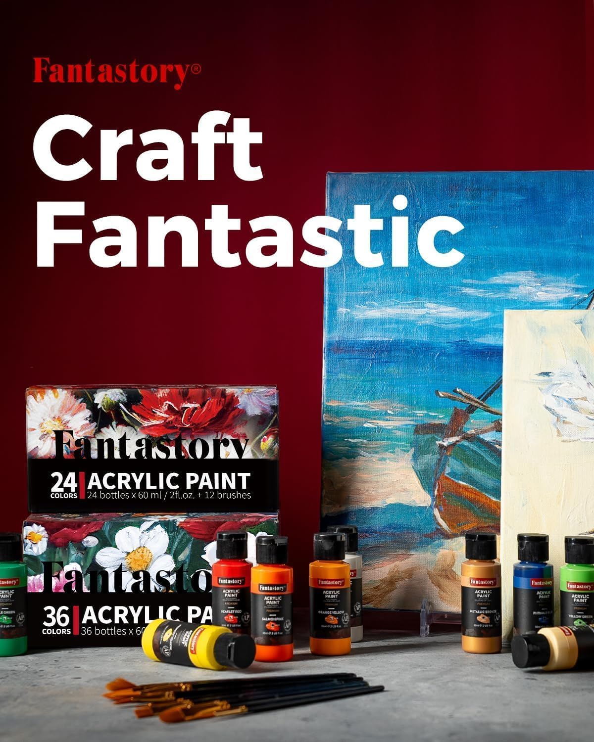 Fantastory 72 Paints ml Acrylic Paint Set with 12 Brushes Professional NEW