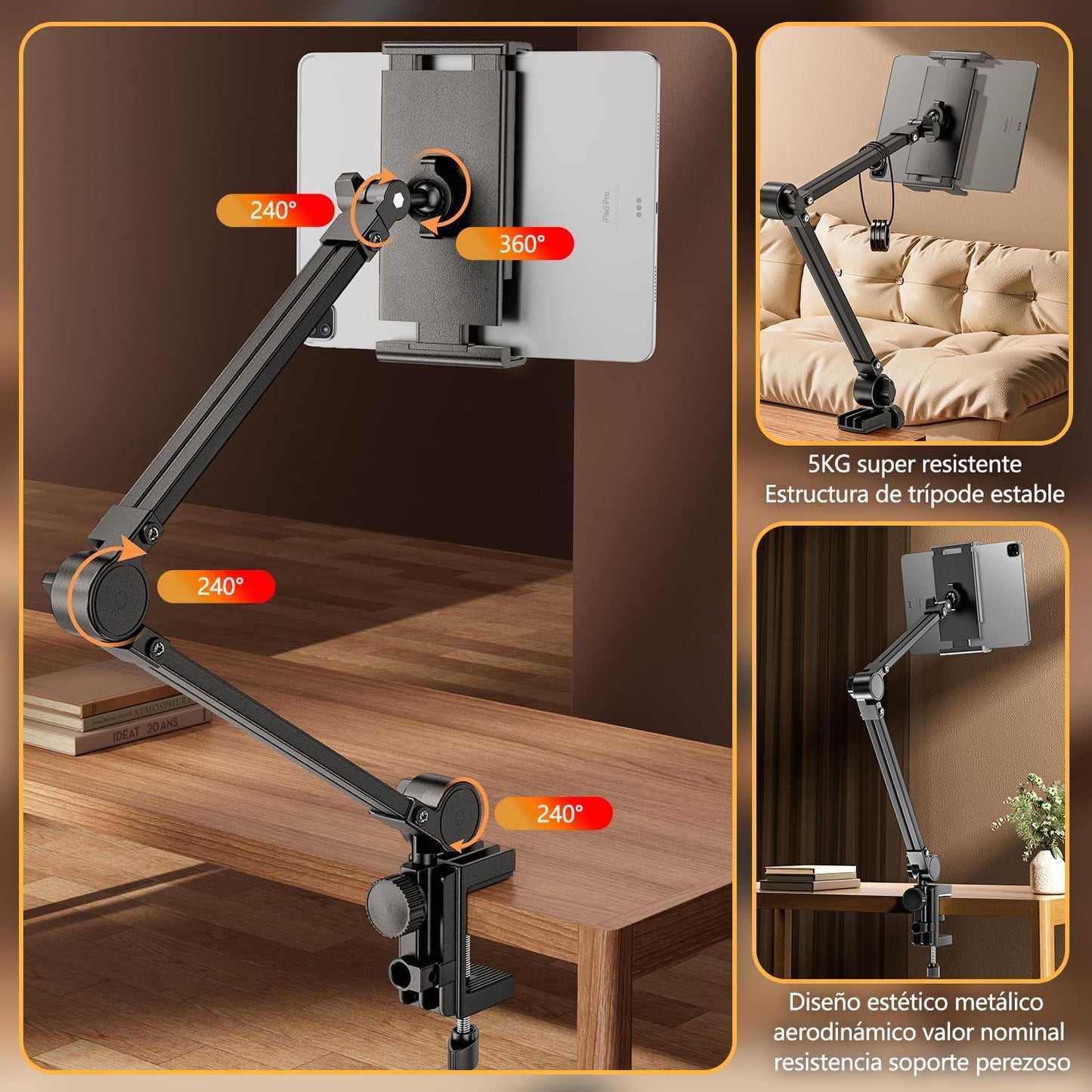 AMZYYDS Adjustable Stands Tablet Stand Alloy Arm Mobile Phone Holder Black NEW