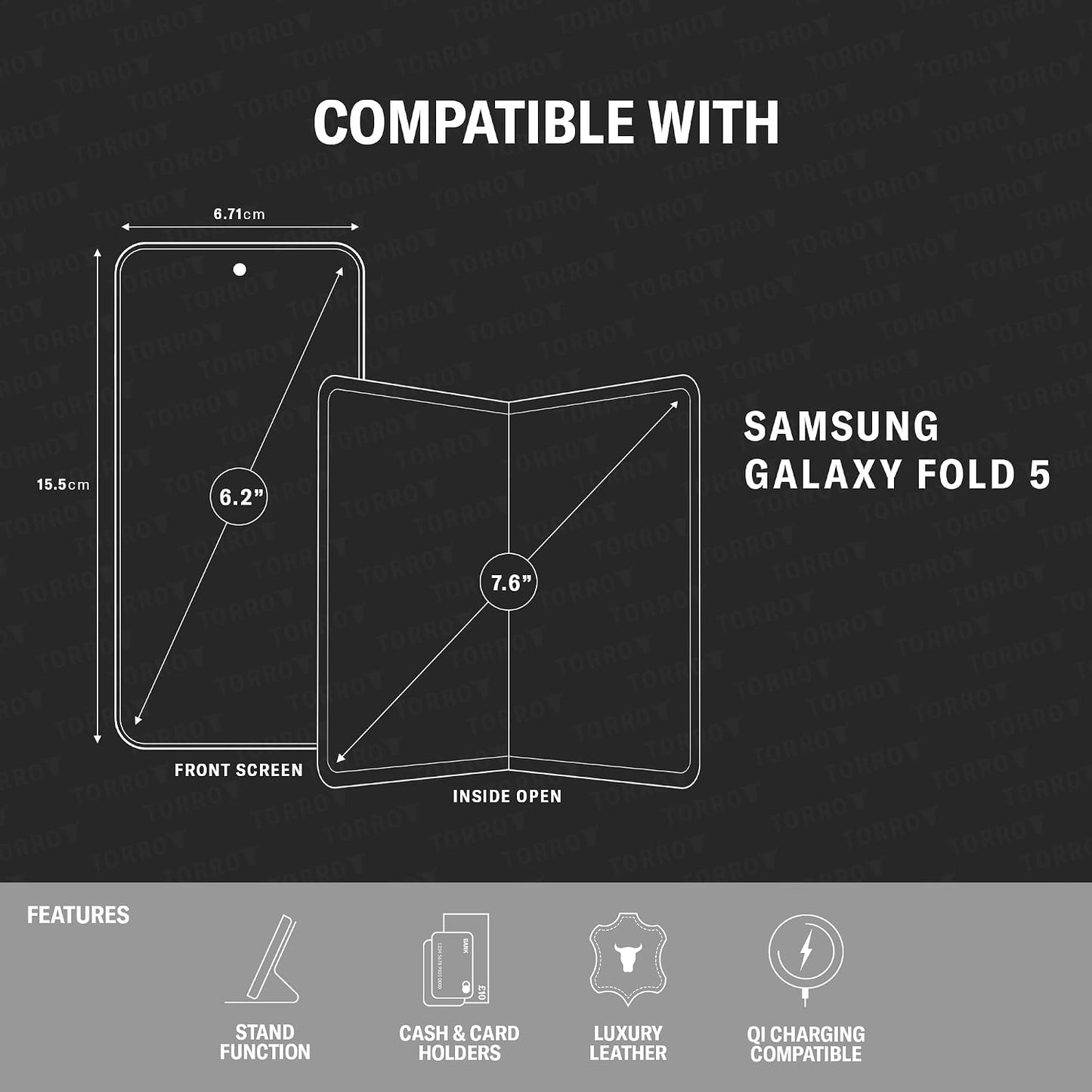 TORRO Premium Leather Wallet Flip Case for Samsung Galaxy Z Fold5 Black NEW