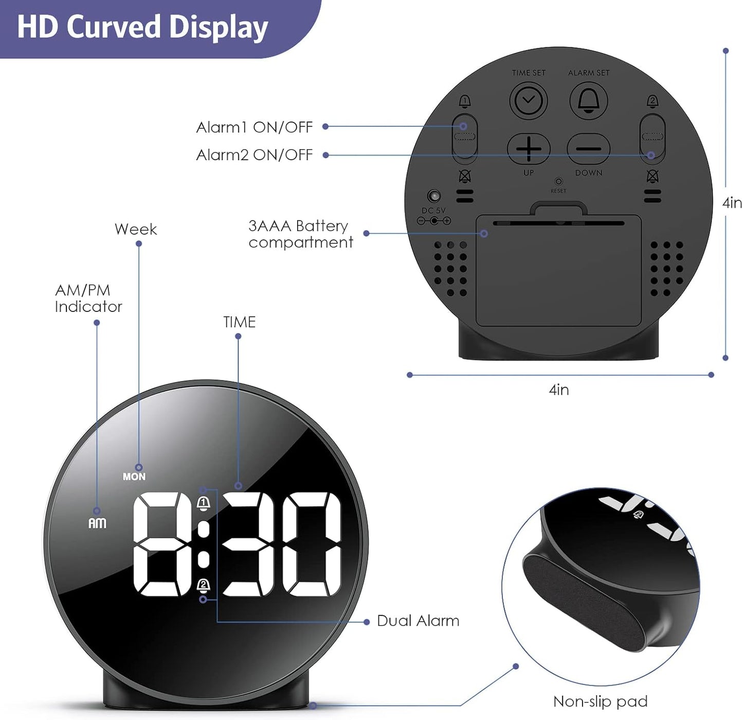 OQIMAX Digital Alarm Clock with Large Curved LED Display Black 11.1 cm (W) NEW