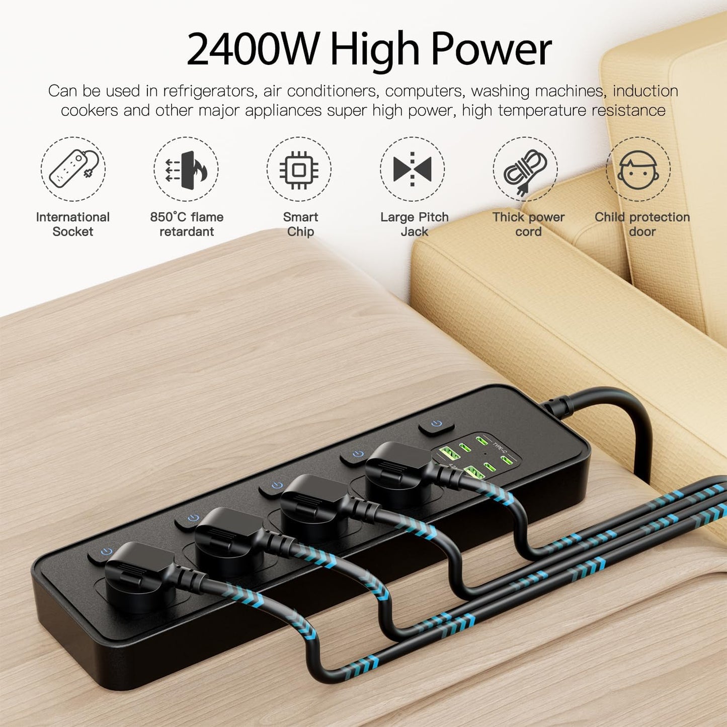 BOCHLION 4-Outlet Surge Protector Power Strip with Overload Protection, DEMO