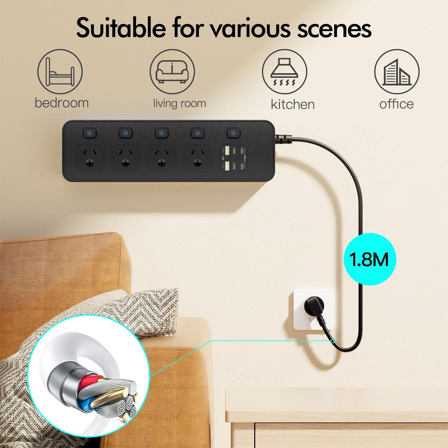 BOCHLION 4-Outlet Surge Protector Power Strip with Overload Protection, DEMO